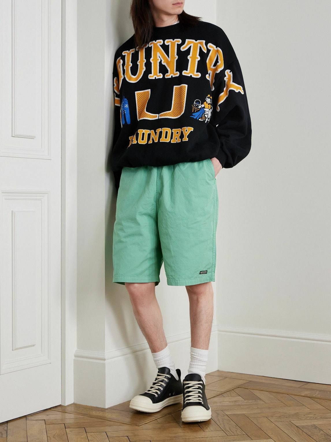 KAPITAL - Easy Wide-Leg Belted Cotton-Twill Shorts - Green