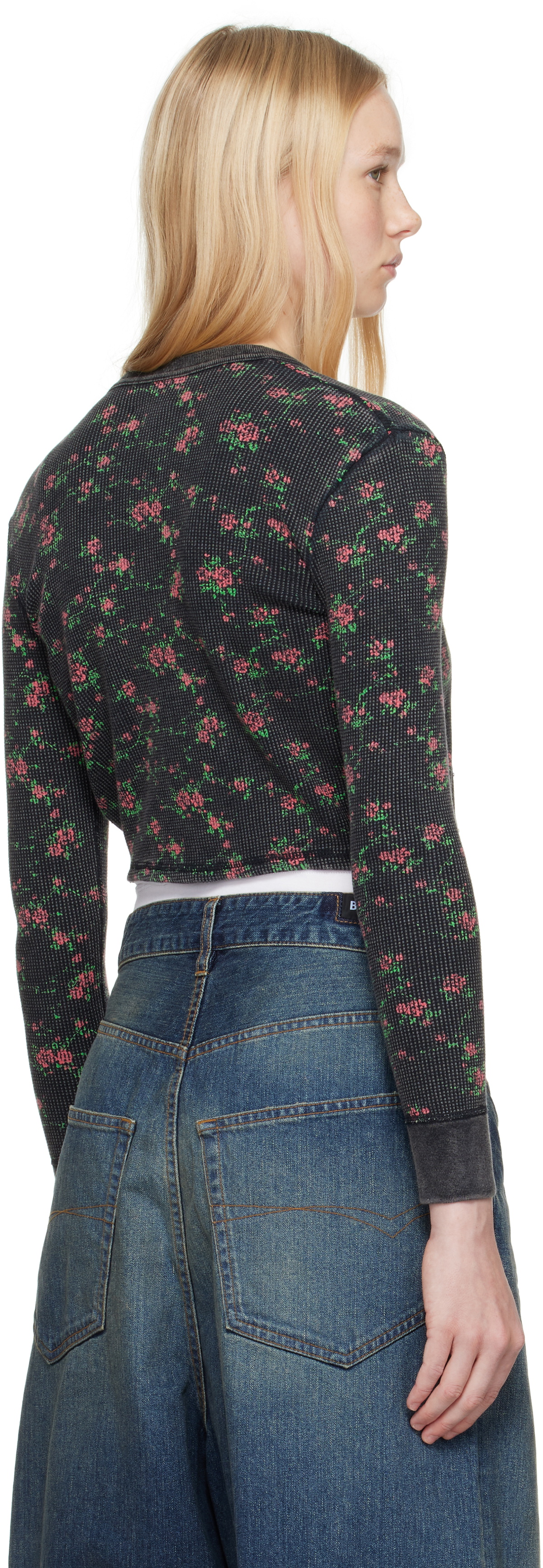 Alexander Wang Black Floral-Print Waffle Knit Cardigan