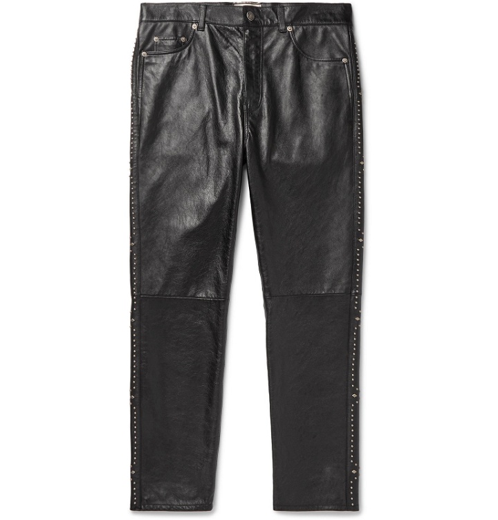 Photo: SAINT LAURENT - Slim-Fit Studded Leather Trousers - Black