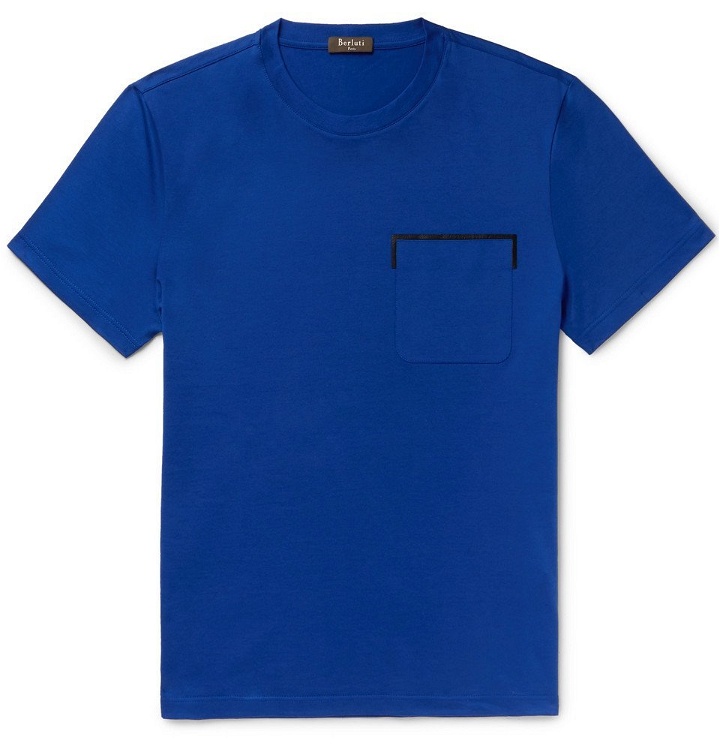 Photo: Berluti - Leather-Trimmed Cotton-Jersey T-Shirt - Men - Blue