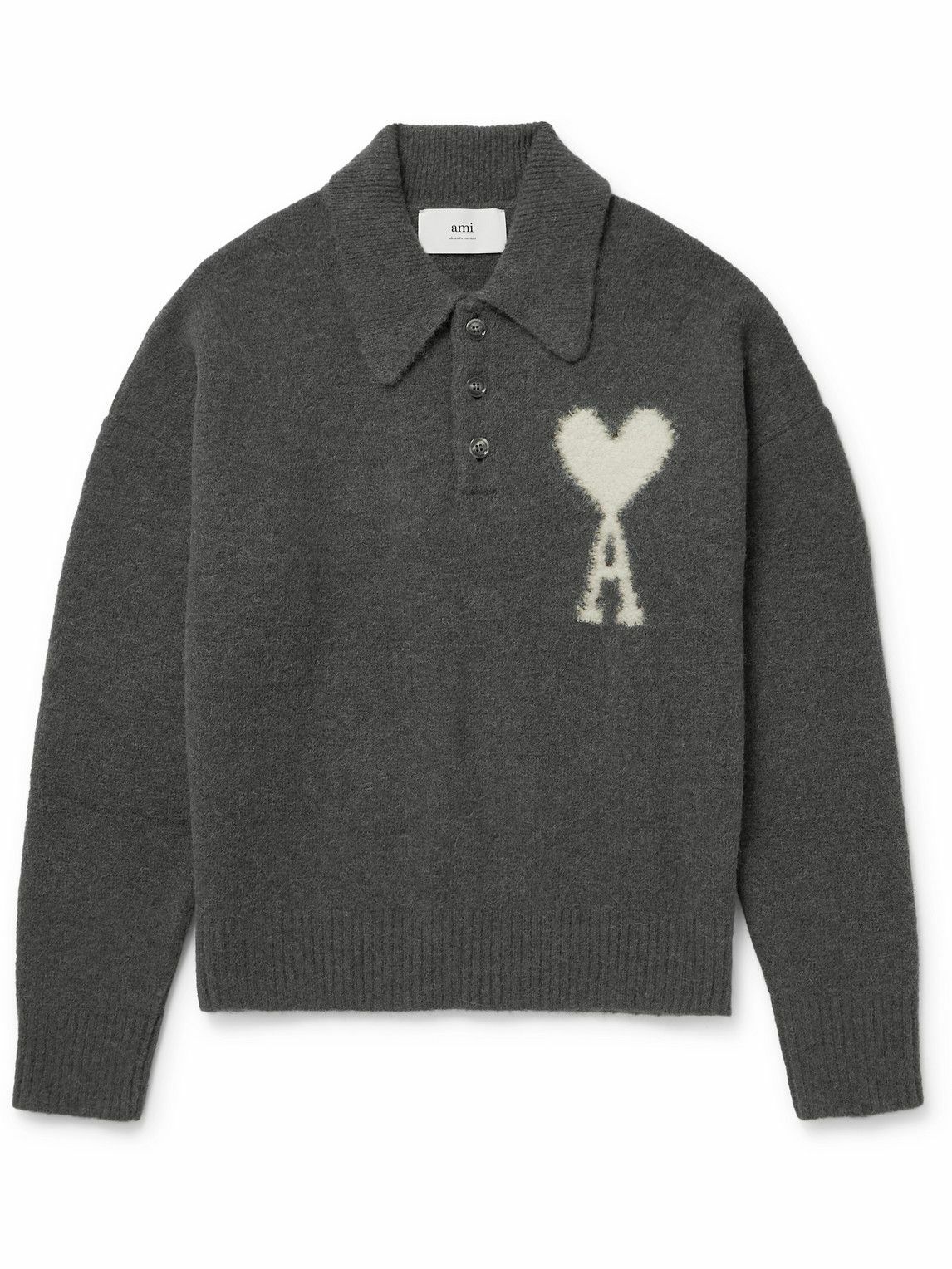 AMI PARIS - Logo-Intarsia Brushed Alpaca-Blend Polo Shirt - Gray AMI AMI PARIS - Logo-Intarsia Brushed Alpaca-Blend Polo Shirt - Gray AMI