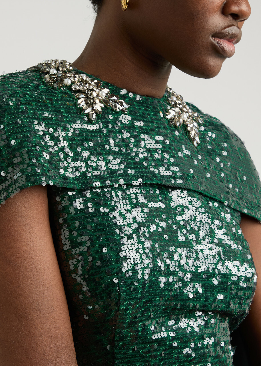 Erdem Sequin-embellished Cape-effect Chiffon Gown Green Dark