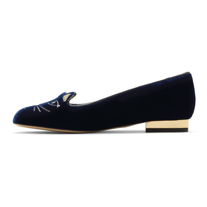 Charlotte Olympia Navy Velvet Kitty Flats