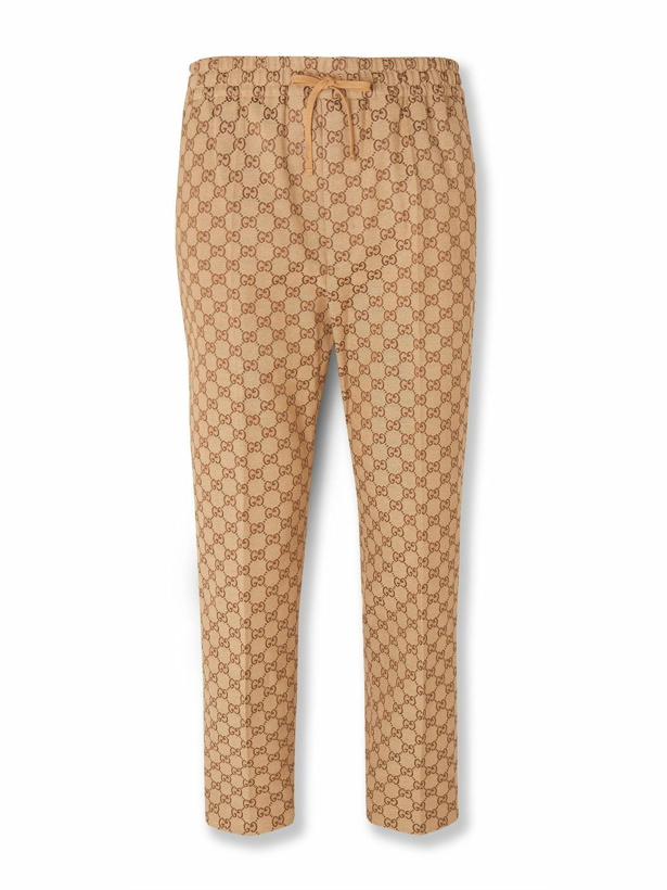 Photo: GUCCI - Beige Tapered Cropped Logo-Jacquard Cotton-Blend Suit Trousers - Brown