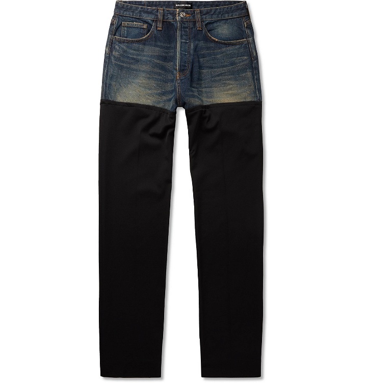 Photo: BALENCIAGA - Distressed Panelled Denim and Wool-Twill Jeans - Blue