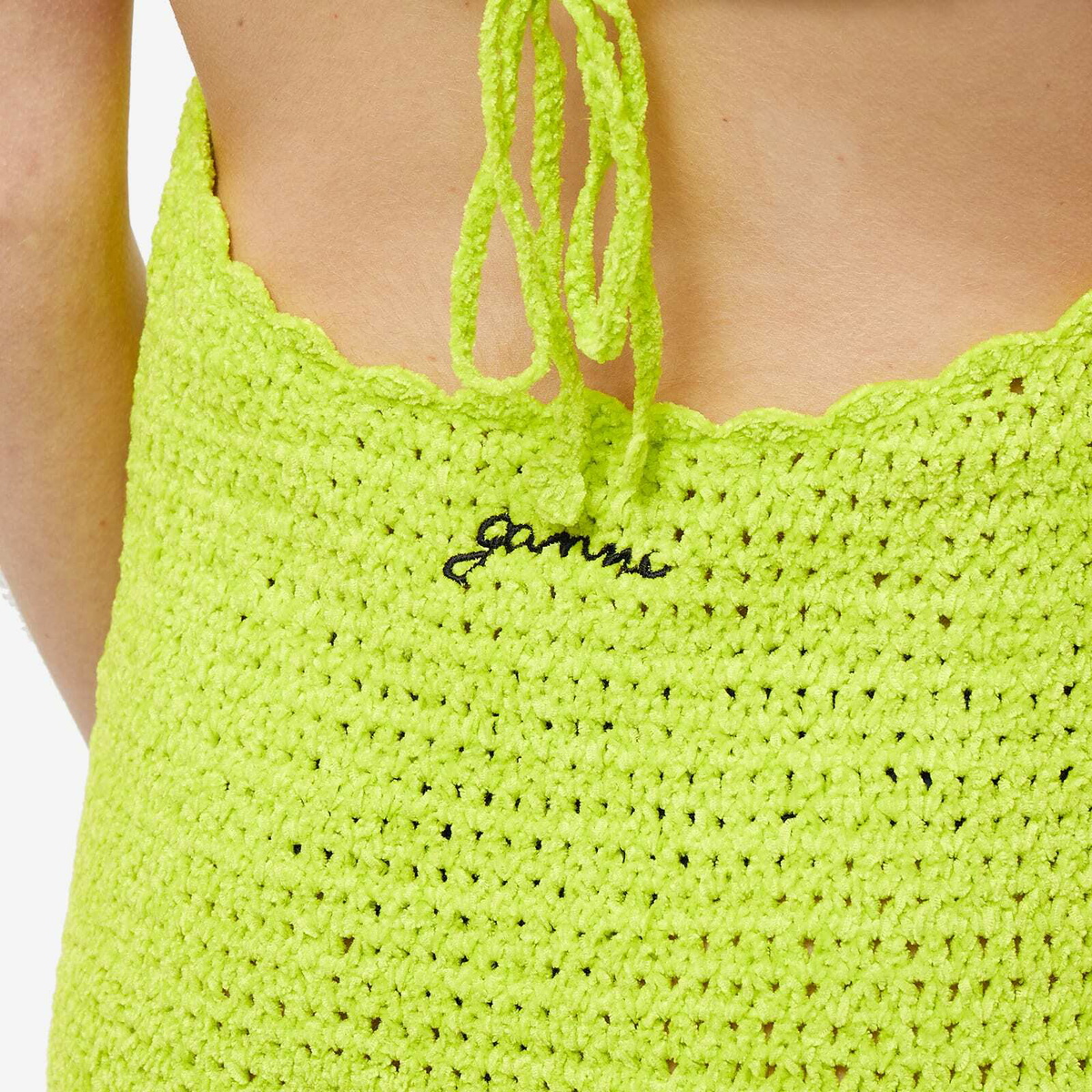GANNI Women's Velvet Crochet Open Back Mini Dress in Lime Punch GANNI