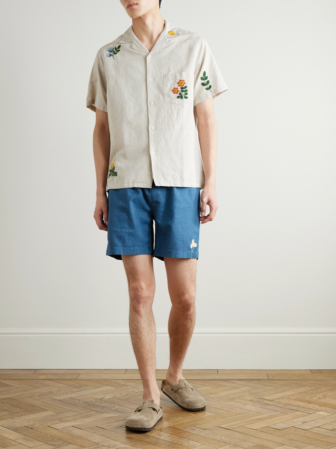 Portuguese Flannel - Straight-Leg Embroidered Ramie Drawstring Shorts - Blue