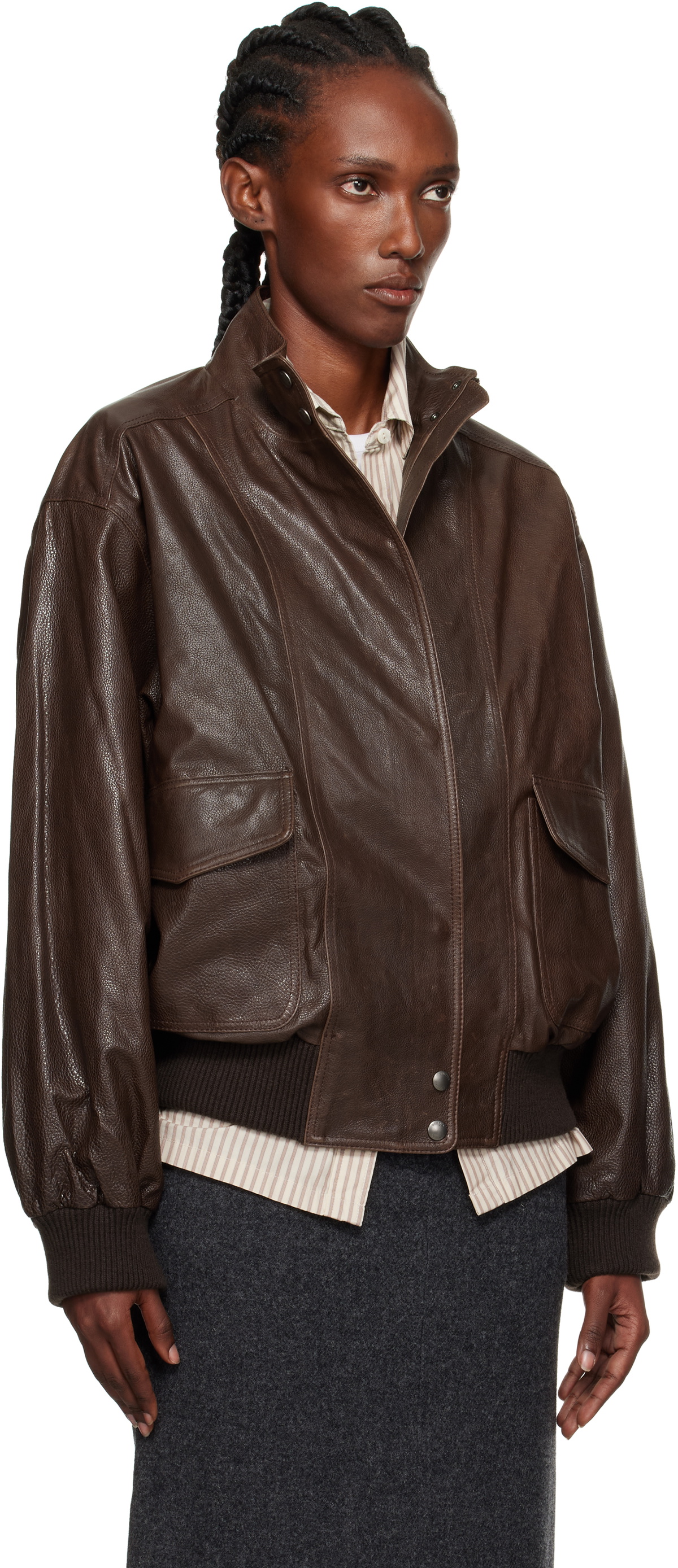 Nothing Written Brown Stand Collar Leather Blouson Jacket
