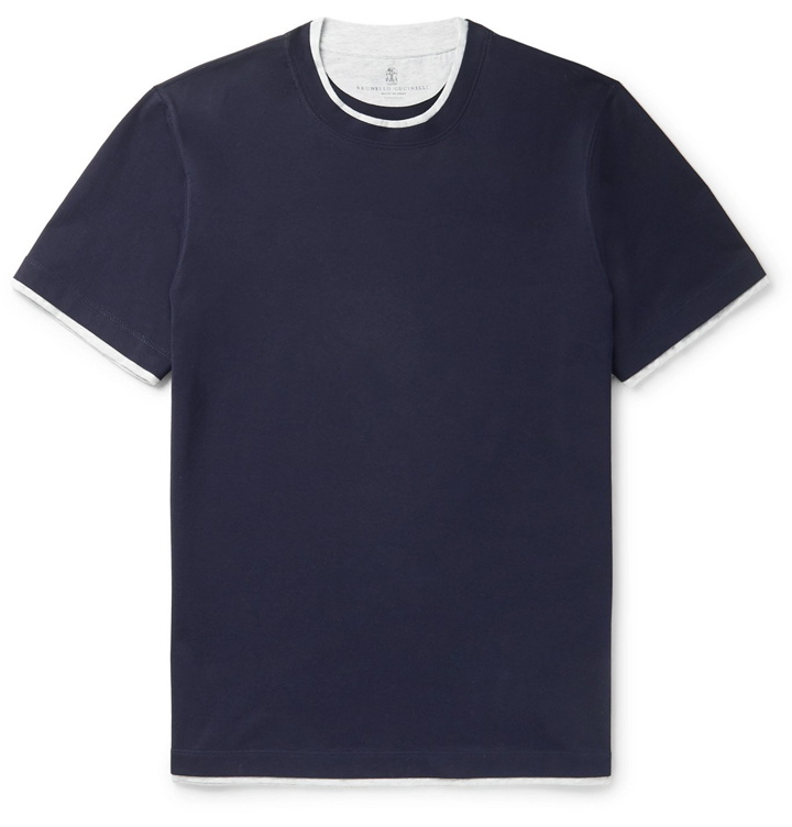 Photo: Brunello Cucinelli - Slim-Fit Layered Cotton-Jersey T-Shirt - Blue