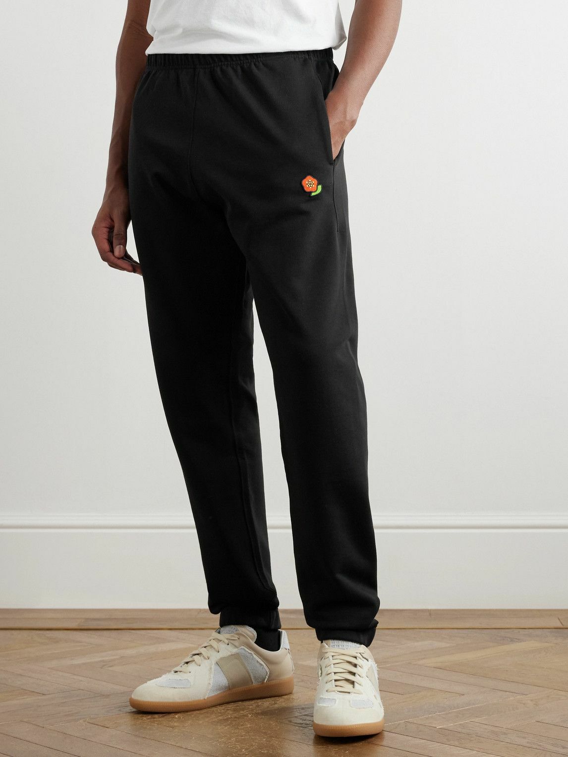 KENZO - Tapered Logo-Embroidered Appliquéd Cotton-Jersey Sweatpants - Black