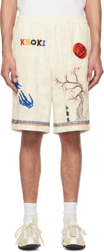 Photo: Khoki Off-White Hand Embroidered-Design Shorts