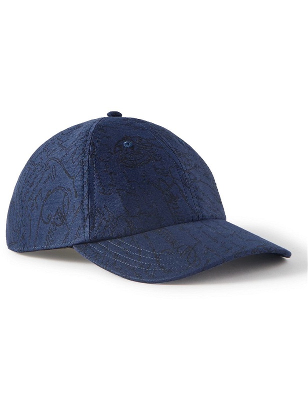 Photo: Berluti - Scritto Leather-Trimmed Logo-Jacquard Cotton Baseball Cap - Blue