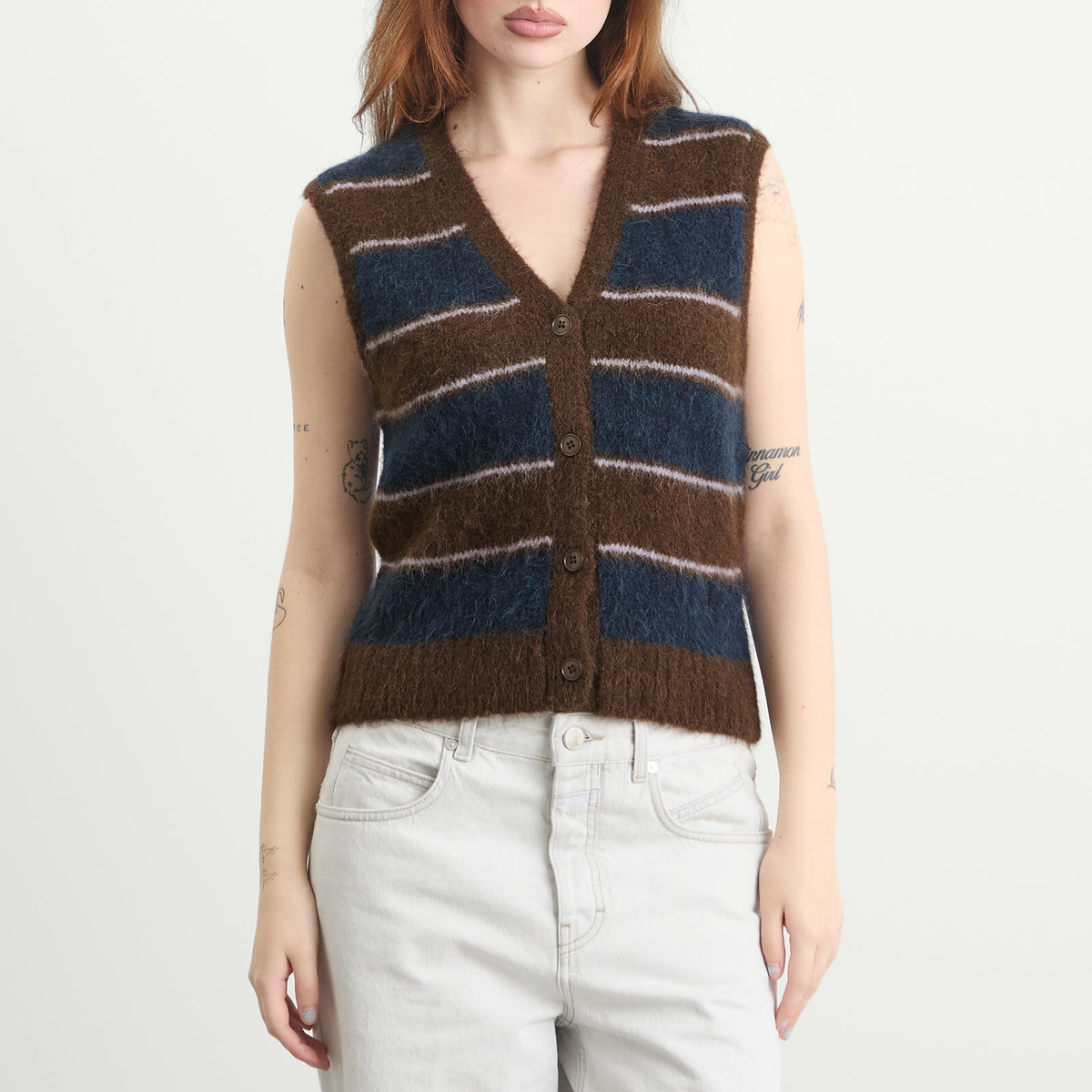 Samsøe Samsøe Women's Sajeanne Hairy Knit Vest Top in Black Coffee Stripe