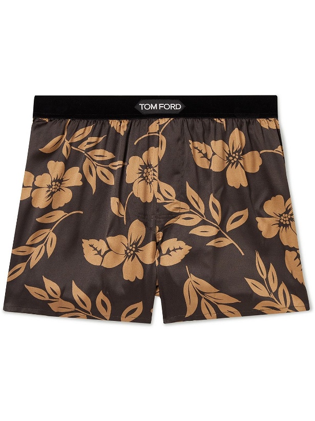 Photo: TOM FORD - Velvet-Trimmed Floral-Print Stretch-Silk Satin Boxer Shorts - Brown