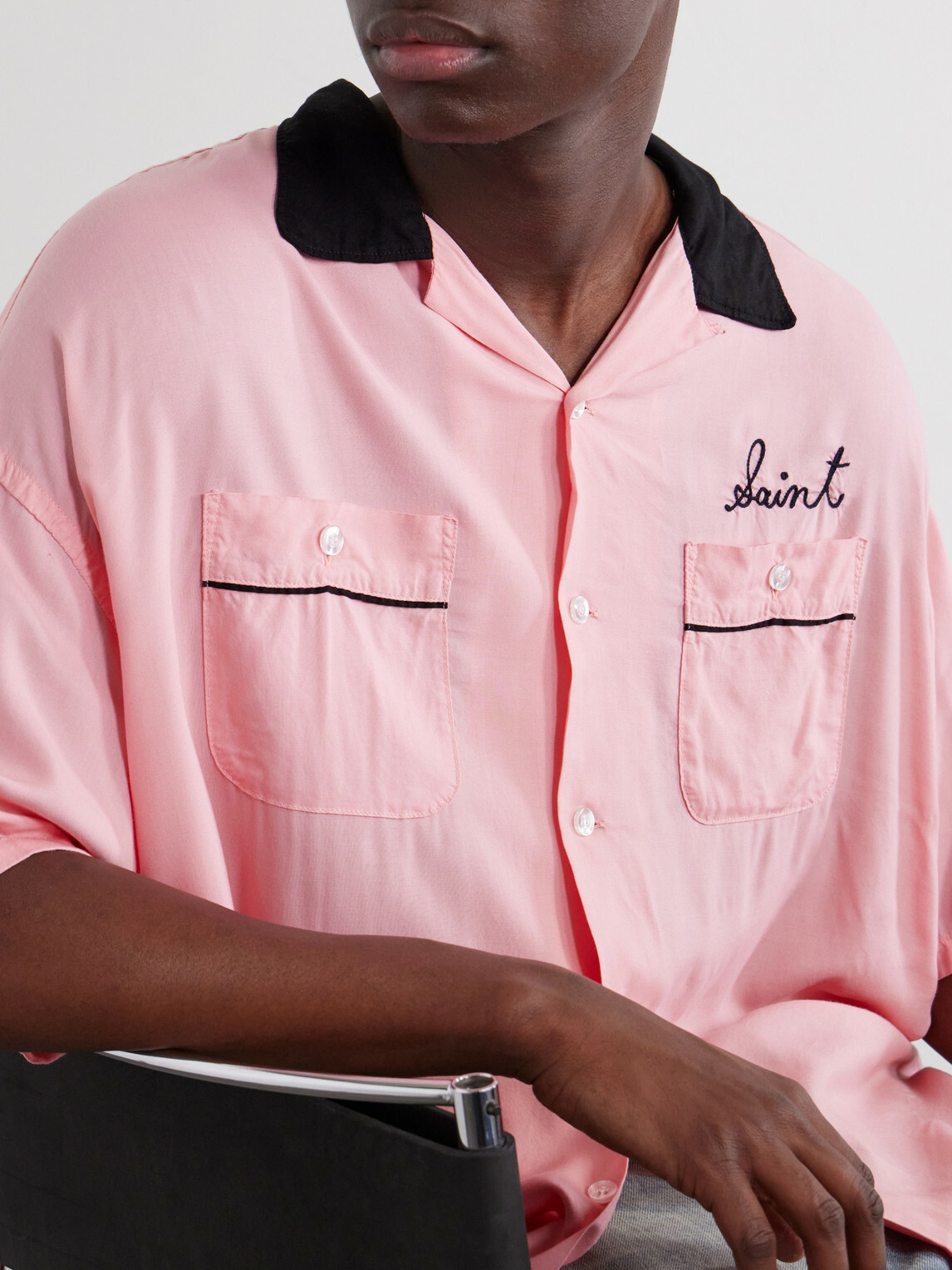 SAINT MXXXXXX - Deck of Cards Convertible-Collar Logo-Embroidered Satin Shirt - Pink