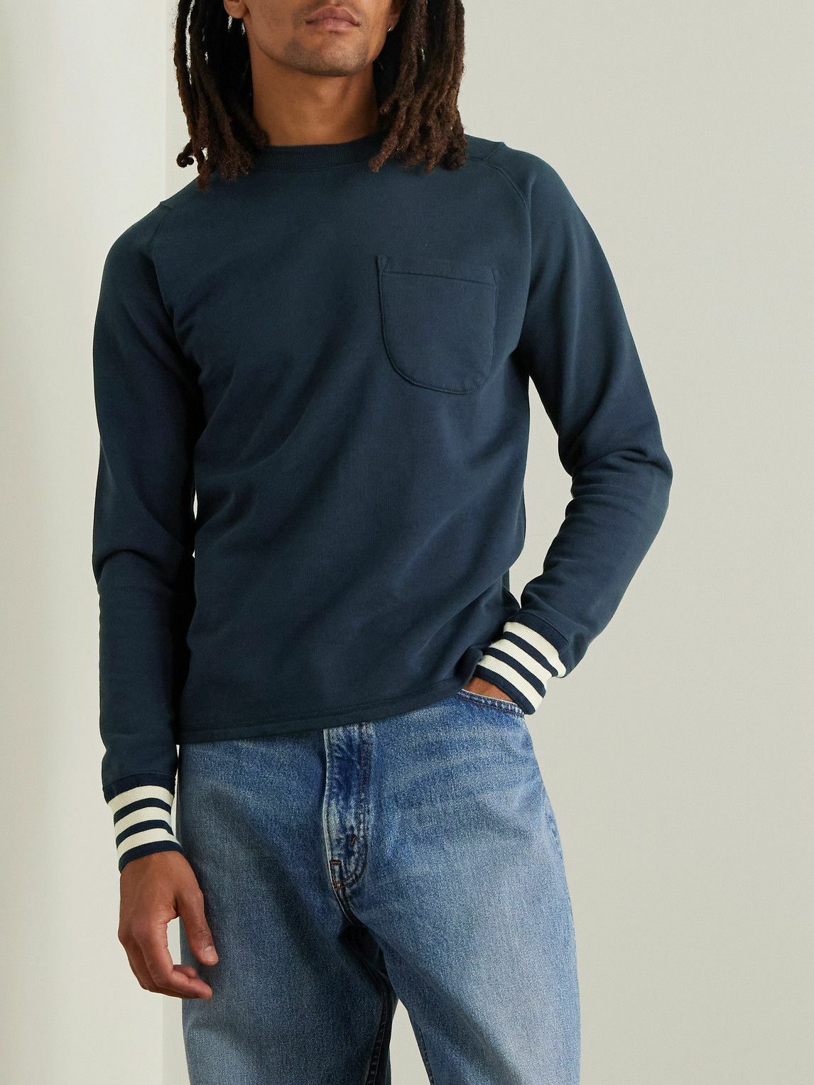 Drake's - Logo-Embroidered Striped Cotton-Jersey Sweatshirt - Blue