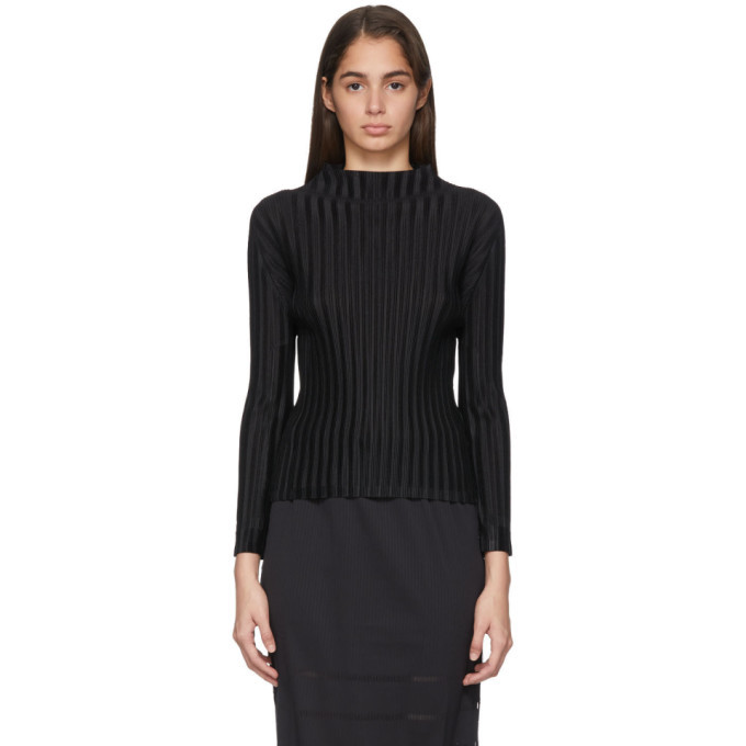 Pleats Please Issey Miyake Black October Mock Neck Sweater Pleats