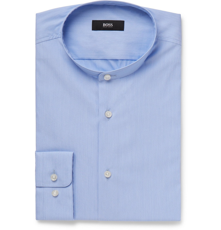 Photo: Hugo Boss - Grey Jordi Slim-Fit Grandad-Collar End-on-End Cotton-Blend Shirt - Blue