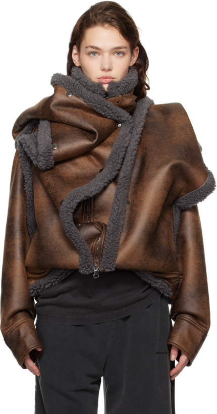 Photo: Y/Project Brown Snap Off Panel Hood Aviator Faux-Shearling Jacket