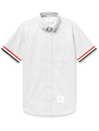 THOM BROWNE - Grosgrain-Trimmed Button-Down Collar Striped Cotton-Seersucker Shirt - Gray