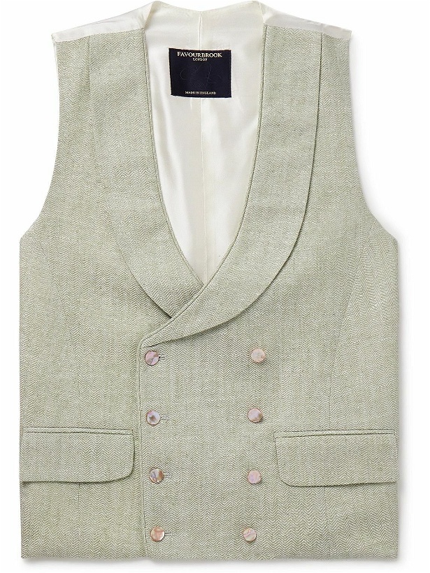 Photo: Favourbrook - Shawl-Collar Double-Breasted Herringbone Linen and Silk-Blend and Satin Waistcoat - Green