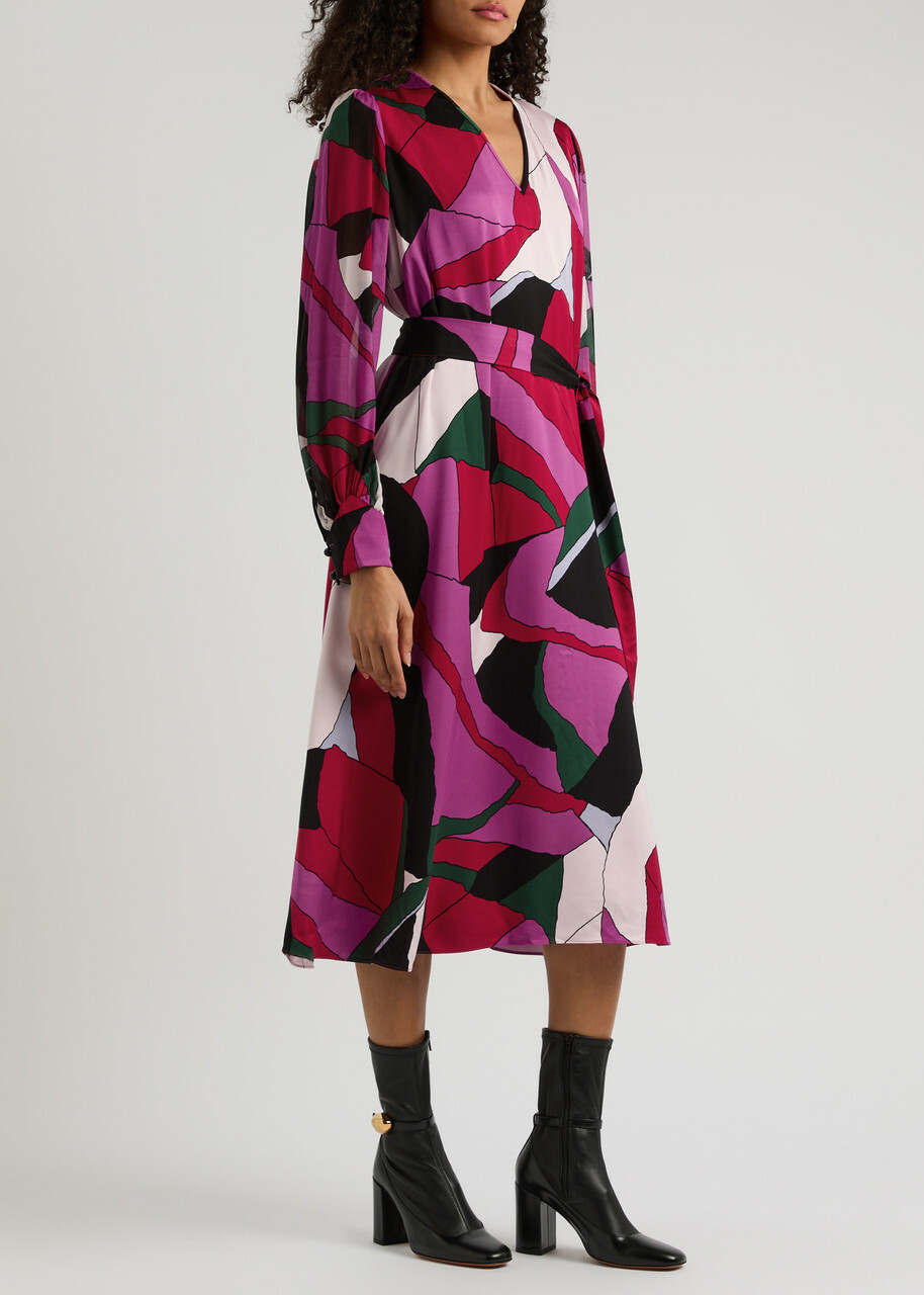 Diane Von Furstenberg Abel Belted Printed Satin Midi Dress Multicoloured