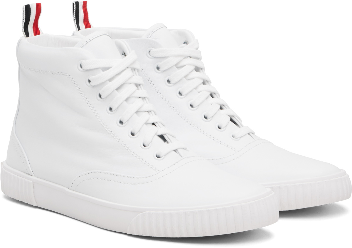 Thom Browne White Vitello Calf Leather High Top Heritage Sneakers