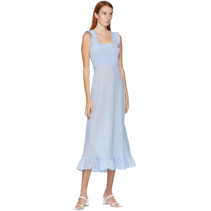 GANNI SSENSE Exclusive Blue and White Seersucker Check Long Dress GANNI
