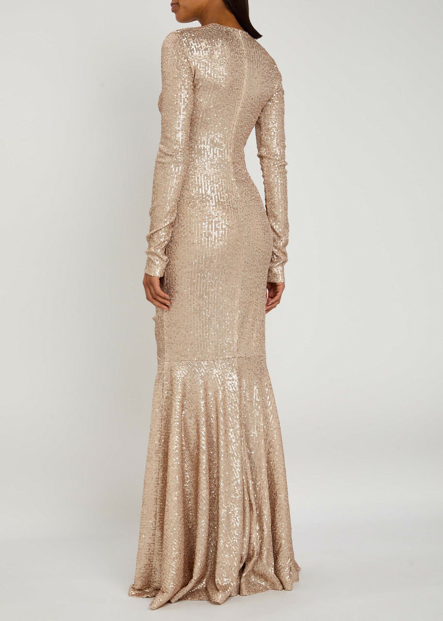 Norma Kamali Sequined Ruched Gown Beige