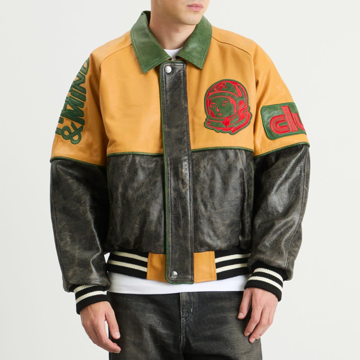 Billionaire Boys Club Men's Club Cracked Leather Varsity Jacket in Black/Yellow