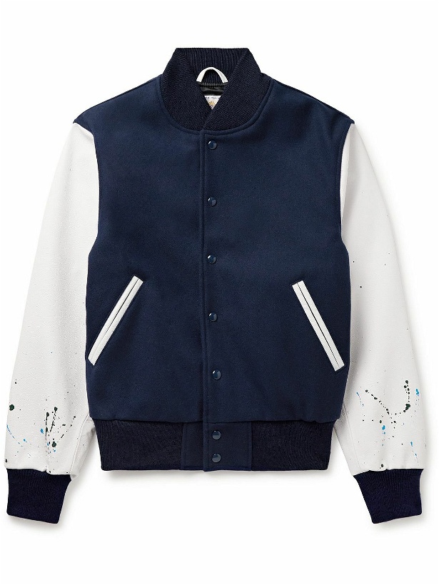 Photo: Golden Bear - The Albany Wool-Blend and Paint-Splattered Leather Bomber Jacket - Blue
