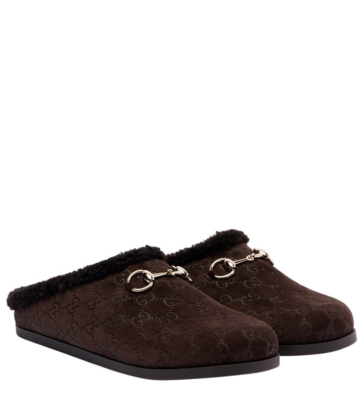 Photo: Gucci New Sol GG Horsebit suede slippers