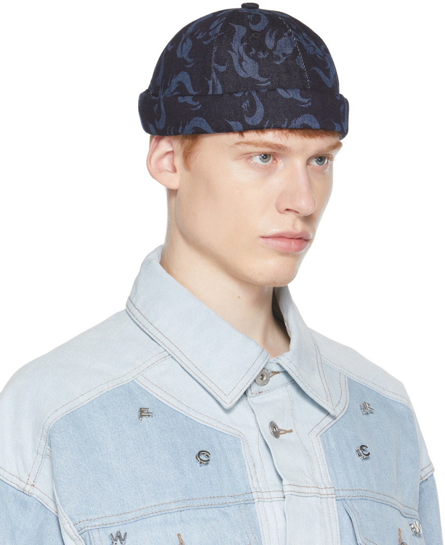 Feng Chen Wang Navy Denim Phoenix Brimless Cap Feng Chen Wang