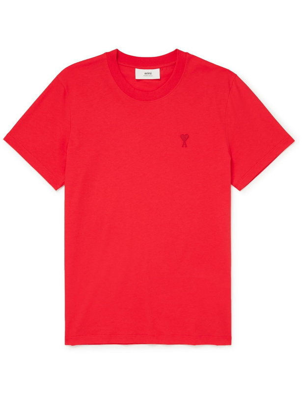 Photo: AMI PARIS - Logo-Embroidered Mélange Cotton-Jersey T-Shirt - Red