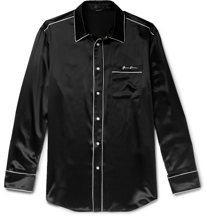 Photo: Versace - Logo-Embroidered Piped Silk-Satin Western Shirt - Black