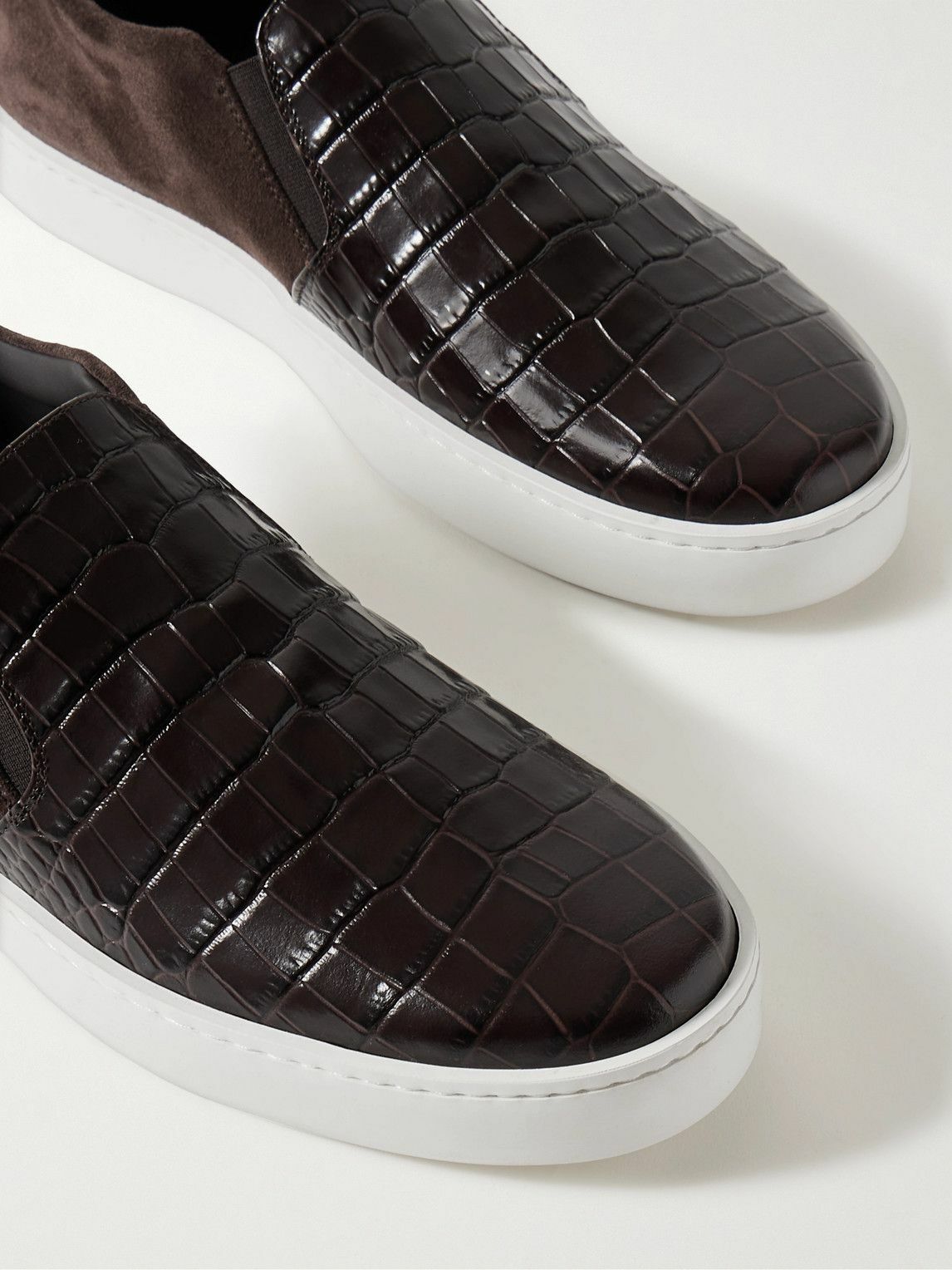 Manolo Blahnik - Nadores Suede and Croc-Effect Leather Slip-On Sneakers - Brown