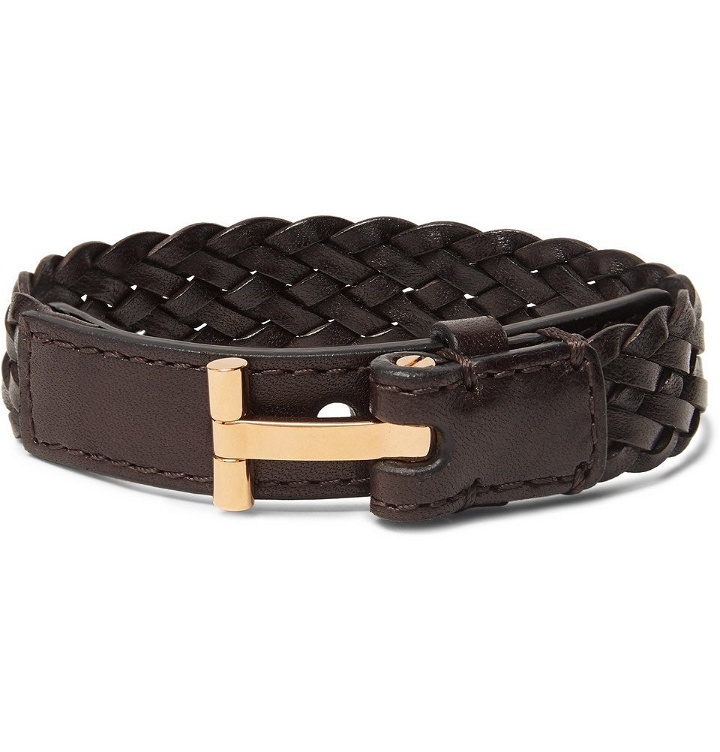 Photo: TOM FORD - Woven Leather and Gold-Tone Bracelet - Men - Brown