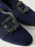 Manolo Blahnik - Carlton Embellished Grosgrain-Trimmed Suede Loafers - Blue