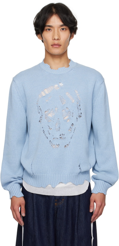 Photo: McQueen Blue Distressed Skull Sweater