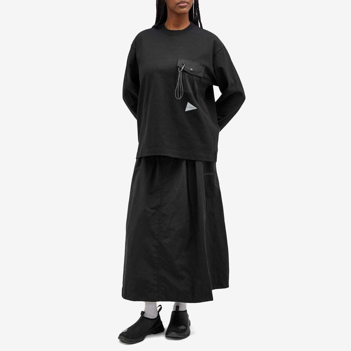 and wander Heavy Cotton Long Sleeve Pocket T-Shirt in Black