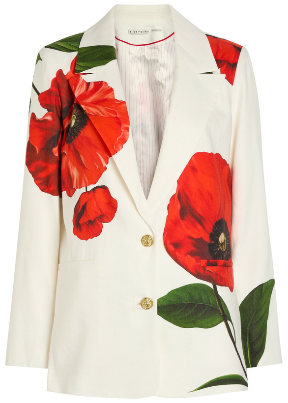 Photo: Alice + Olivia Elna Floral-print Linen-blend Blazer White And Red