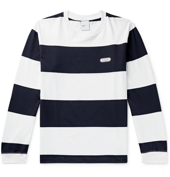 Photo: Adsum - Logo-Print Striped Cotton-Jersey T-Shirt - Blue