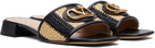 Valentino Garavani Black & Off-White VLogo Signature Faux-Raffia Slides