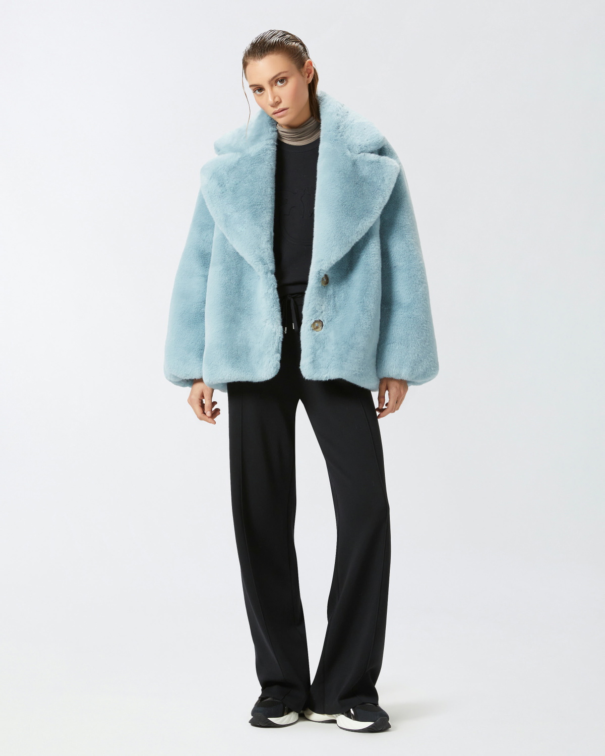 Pinko Short Faux Fur Pea Coat Midnight Blue