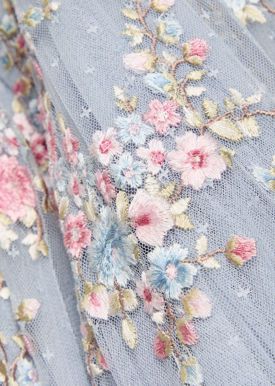 Needle & Thread Lunaria Floral-embroidered Ruffled Tulle Gown Blue