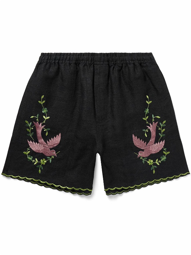 Photo: BODE - Rosefinch Straight-Leg Embroidered Linen Shorts - Black