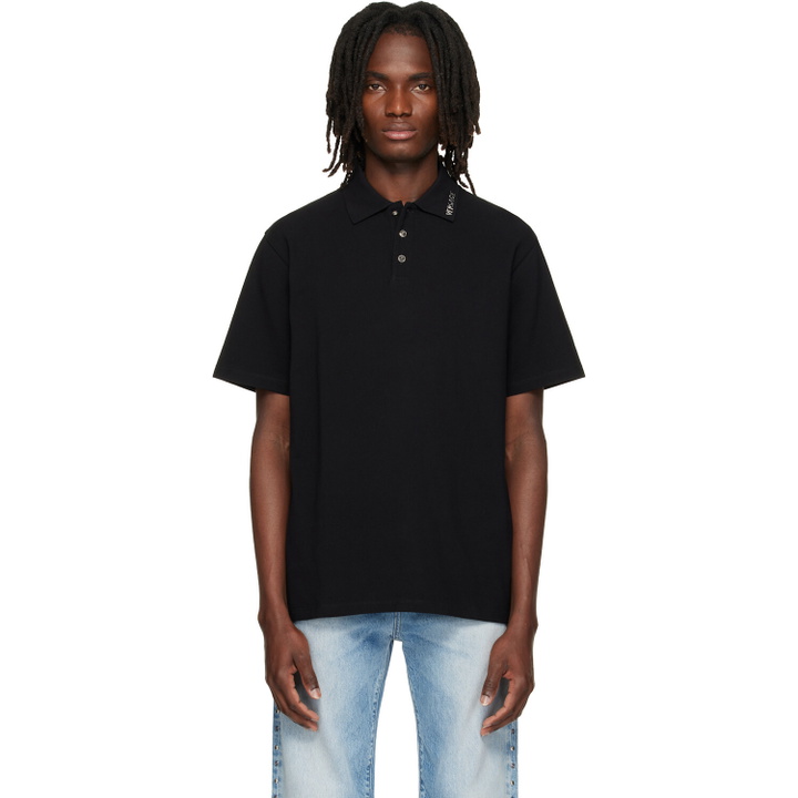Photo: Versace Black Piquet Crystal Embroidered Knitted Collar Polo