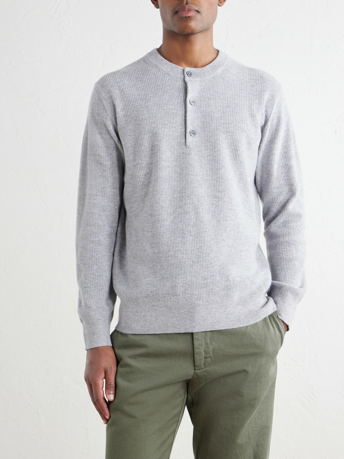 Hartford - Wool and Cashmere-Blend Waffle Henley Sweater - Gray