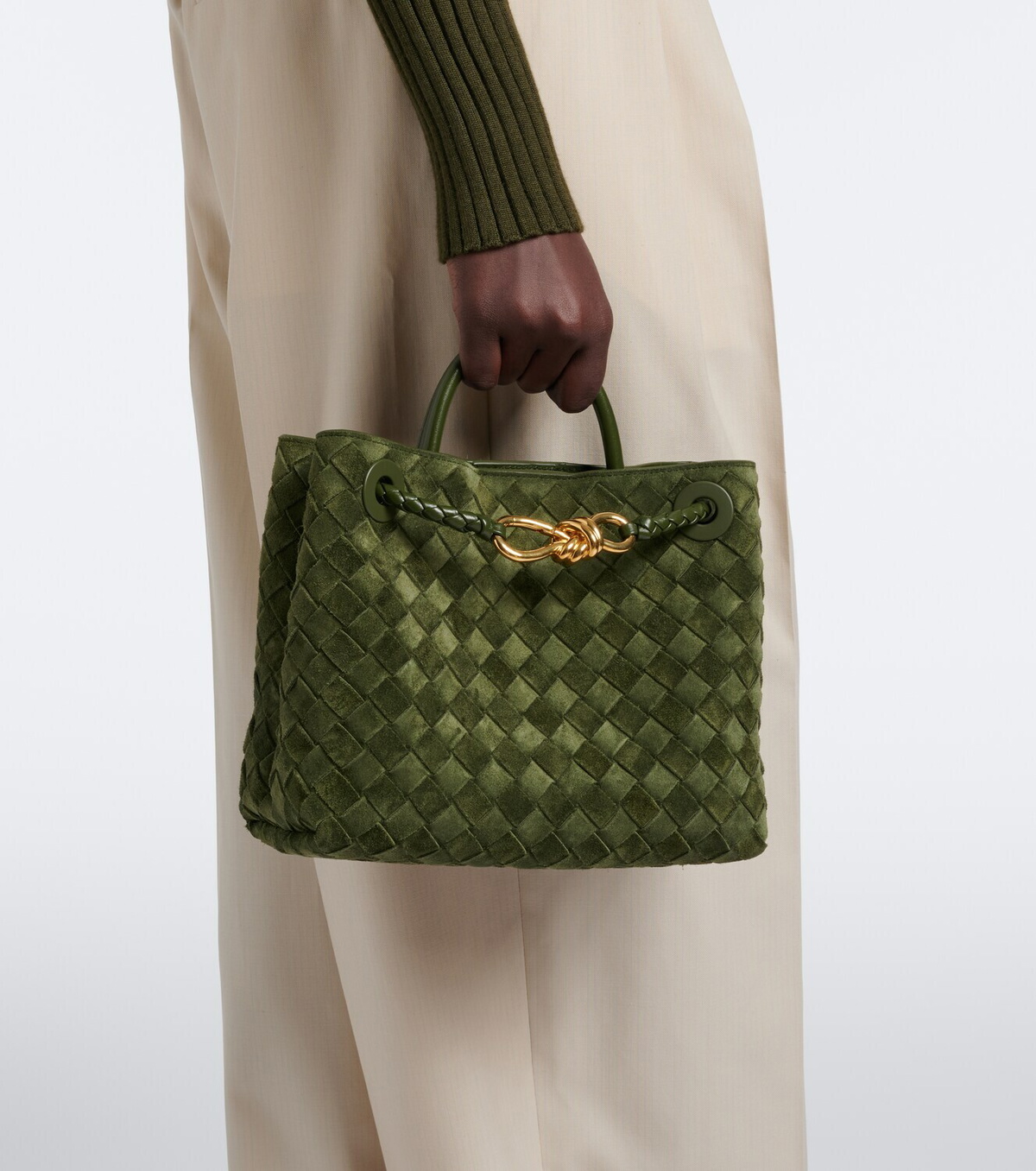 Bottega Veneta Andiamo Intrecciato Small suede top-handle bag