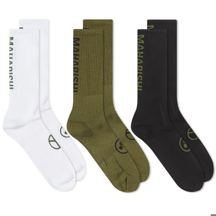 Photo: Maharishi Men's Miltype Peace Sport Sock - 3 Pack in White/Black/Olive